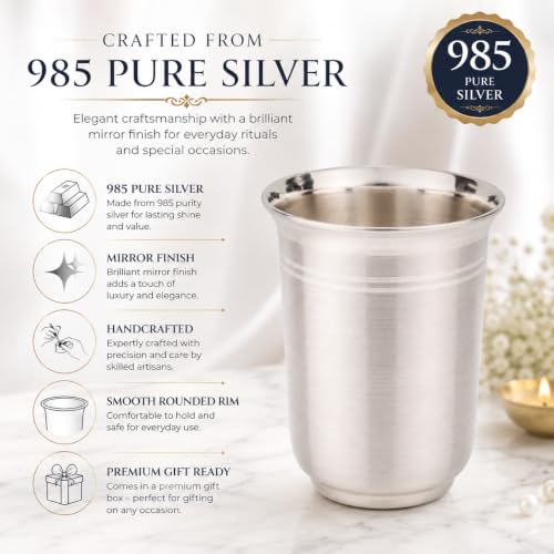 Image of 985 Silver Glass /Tumbler for Drinking Water, Handmade Chandi Glass for Pooja & Daily Use, 60 ml, Premium Red Velvet Gift Box for Temple, Wedding, Housewarming