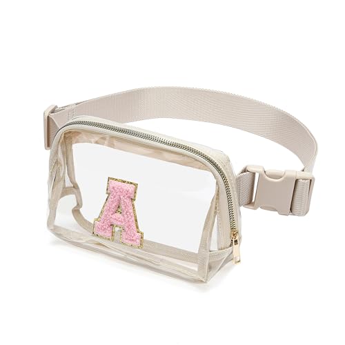 Marsupio trasparente con lettera iniziale patch approvato per donne e ragazze borsa a tracolla per concerti sport viaggi escursionismo corsa Beige A