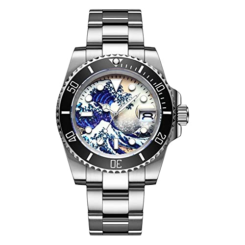 Kanagawa Surf Montre mécanique automatique 316L nautique en acier lumineux 41 mm Noir Cover
