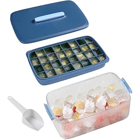 vikano Ice Cube Tray With Lid and Bin, Vikano Silicone Ice Tray For Freezer with Ice Container, Scoop and Cover, BPA Free Ice Blue Silicone suits 32 cubes with box jcy-426 silicone0426 Cover