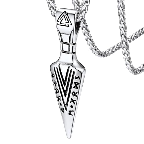 FaithHeart Runic Odin's Gungnir Spear Head Pendant Necklace 316L Stainless Steel Nordic Valknut Amulet Scandinavian Viking Men Jewelry-Silver Arrowhead