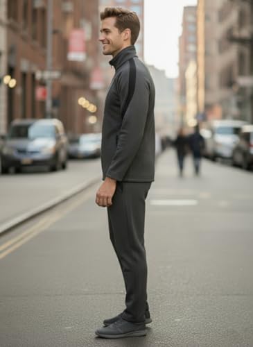 Image of CHKOKKO Men's High Neck Winter Tracksuit Set with Full-Zipper Upper & Elasticated Waist Jogger Pants | Warm Soft Solid Activewear for Gym, Running & Casual Use