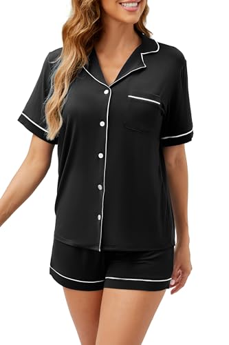 Image of LUBOT Women's Pajamas Set Cotton Modal PJs Set for Women Button-Down Two-piece 2PC Set Summer Night Suit Sleepwear Loungewear (Black, M)