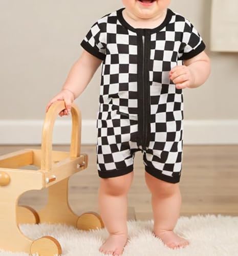 Karuedoo Newborn Baby Boy Girl Clothes Checkered Zipper Short Sleeve Romper Jumpsuit One-Piece Bodysuit Infant Summer Outfit3