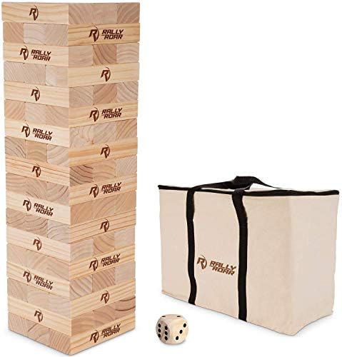 Rally and Roar Towering Timbers Giant Tumbling Timbers Game 2.5 feet Tall (Build to Over 5 feet) Classic Wood Version - for Adults, Family Stacking Blocks Set w/Canvas Bag