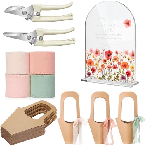 Kolldenn 37 Pcs Flower Bar Supplies Include Acrylic Flower Bar Sign Bouquet Wrapping Gift Bags with Handle Chiffon Ribbon Garden Scissors for Floral Bloom Decor (Arc)