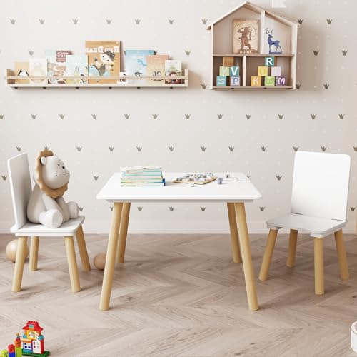Fmlud Kids Table and 2 Chairs Set 3 Pieces Toddler Table and Chair Set Kids Table & Chair Sets Kid Play Table for Daycare Classroom Home (White)