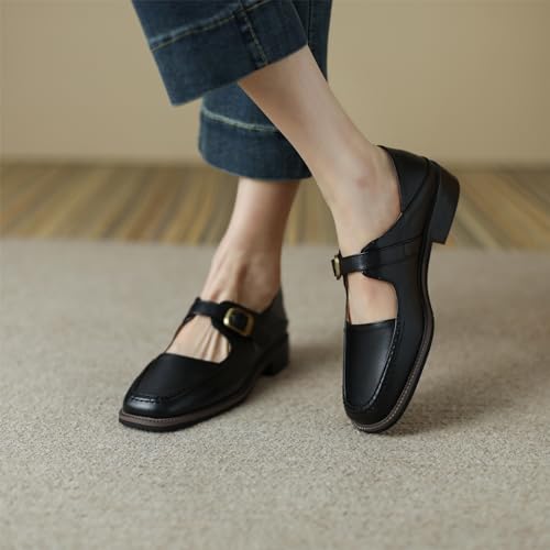 Women's Vintage Leather Mary Jane Flats,Square Toe Ankle Strap Buckle Low Stacked Heel Dress Flat Shoes4