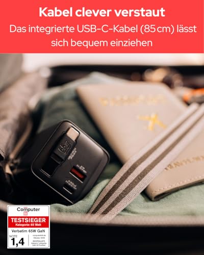 Verbatim GaN Charger 65 W 2-Port USB-C Ladegerät mit ausziehbarem USB-C Kabel, USB-C und USB-A Power Adapter, Schnellladegerät für Apple iPad, iPhone, Samsung & Co, Travel Adapter für EU, UK, USA