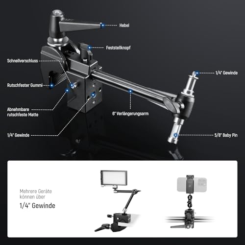 NEEWER Super Clamp mit 6 Verlängerungsarm, 5/8 Bolzen, 2,4 Backengriff, robuste Crab Stangen Klemme für runde Rohre mit flacher Oberfläche, für Fotografie Studio Kamera Montage, max. Belastung 15kg