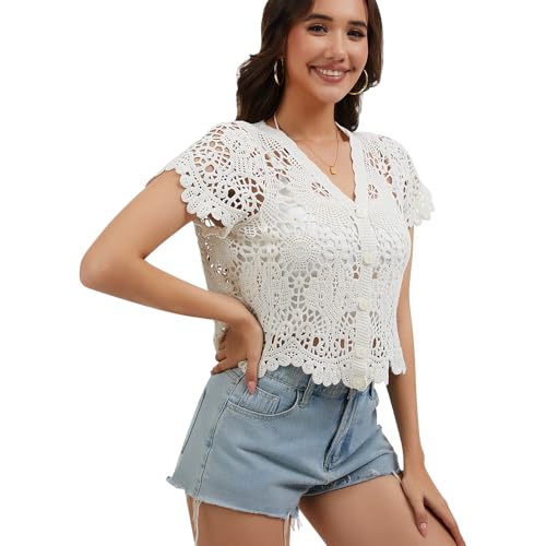 Image of Women's Short Sleeve Bolero Shrugs Crochet Lace Open Cardigan