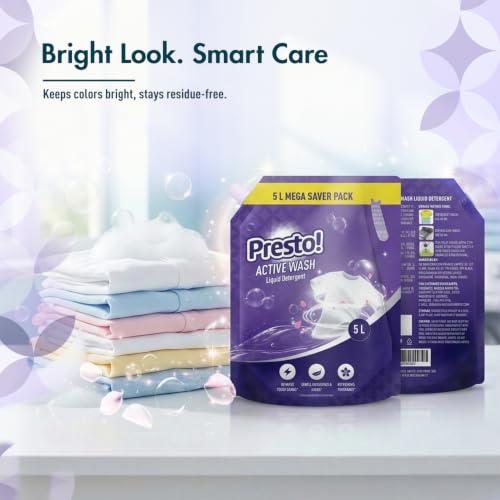 Image of Amazon Brand - Presto! Active Wash Liquid Detergent Refill Pack 5L | Floral Scent | Powerful Stain Removal for Machine Wash