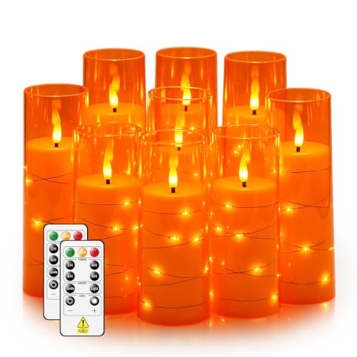 Image of Nimiko Flickering Flameless LED Candles,Battery Operated Candles 9 Pcs with Embedded Star String,Acrylic LED Pillar Candles with Remote,Suitable for Home Decoration to Create an Atmosphere (Orange)