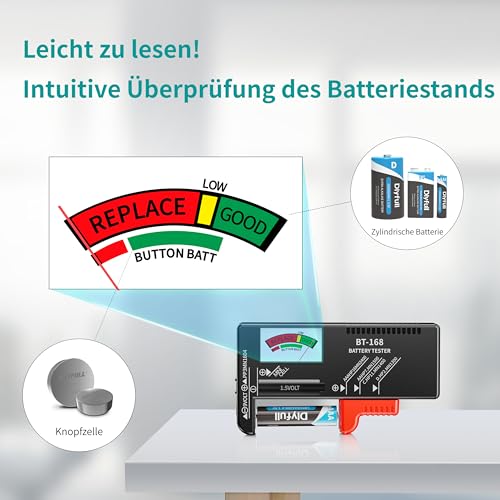 Dlyfull Batterietester – Batterie Tester für AA, AAA, C, D, 9V & 1.5V Knopfzellen – Akku Tester & Batterieprüfgerät ohne Strom – Präzises Batterie Messgerät für Haushalt & Profi (BT-168) 3
