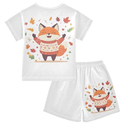 Fox Leaves White Pajama Set Short Sleeve Pajamas Shorts Sets Cotton PJS 2 Piece Clothes Set 5Y2