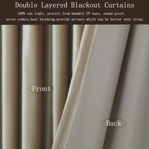 Image of 100% Full Blackout Champagne Beige Polyester Velvet Curtains 96 inch Long for Living Room,Set of 2 Liner Rod Pocket Back Tab Thermal Window Curtains Room Darkening Heavy Decor Drapes for Bedroom
