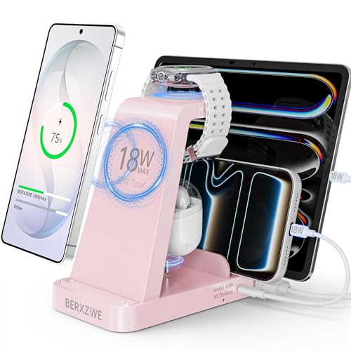 Wireless Charger for Samsung, 5 in 1 Wireless Charging Station for Samsung, Charger Dock Stand for Galaxy Watch Ultra 7 6 5 4 3, Galaxy S25 S24 Ultra S23 S22 S21, Note 20 10 Z Fold Buds, Pink