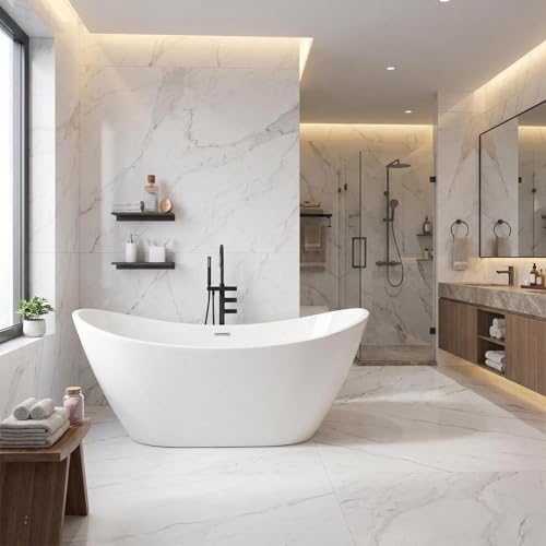 67' Acrylic Freestanding Bathtub, Contemporary Double-Walled Insulated Soaking Tub with Anti-Clog Drain & Overflow, cUPC Certified Heavy-Duty Resin Reinforcement, White