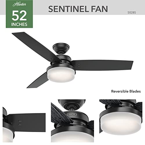 Image of Hunter 52 inch Indoor Ceiling Fan with LED Light and Remote Control - Black Ceiling Fan, Standard Mount, 3 Blades, For Bedroom, Living Room, or Kitchen - Sentinel 50285, Matte Black