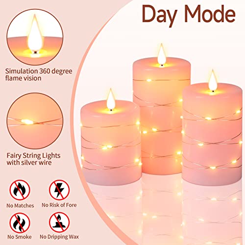 Flameless Candle,Battery Powered With Embedded Starlight String, 3Pack Led Candles, 10-Key Remote Control, 24-Hour Timer Function, Dancing Flame, Real Wax.pink（Batteries Not Included） #TOP1