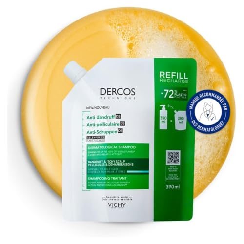 Vichy, DERCOS, Shampooing Anti-Pelliculaire DS, Pellicules & Démangeaisons, Cheveux Normaux à Gras, Éco-recharge, 390ml