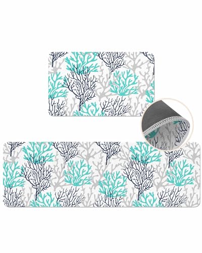 Kitchen Rugs Set 2 Piece, Ocean Coral Kitchen Mats Rugs Non Skid Washable Anti Fatiguee, Aqua Green Doormat Carpet for Bedroom/Bathroom/Living Room,15.7x23.6in+15.7x47.2in