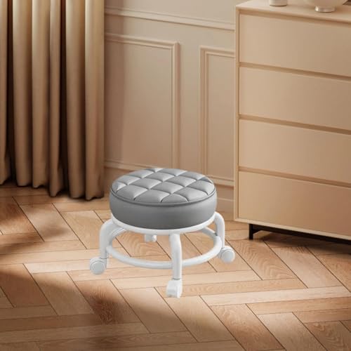 Butaco bajo giratorio con asiento acolchonado y ruedas universales, estilo moderno, color gris miniatura 2