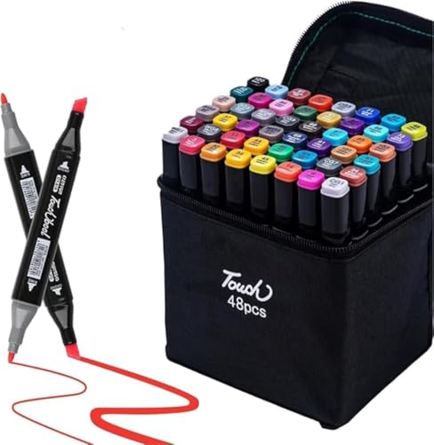 Kit Conjunto de Canetas Marcadoras Artísticas, 48 Cores, Pontas Duplas com Estojo, Ideal para Desenho e Colorir