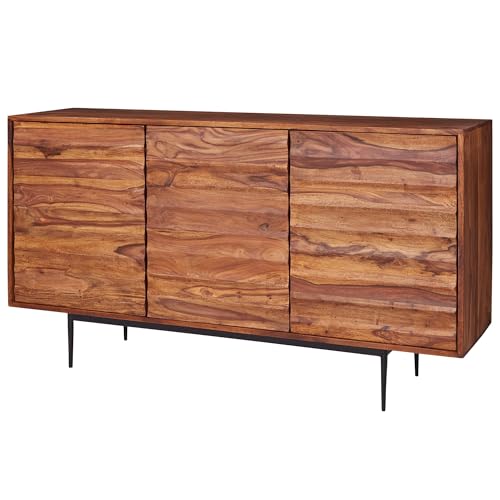 FineBuy Sideboard Sheesham Massivholz 150 cm mit 3 Türen - Massive Retro Kommode mit 3D Haptik - Design Natur Anrichte - Handmade Industrial