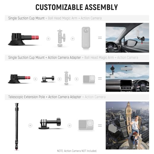 Image of NEEWER Triple Suction Cup Car Mount Kit, Carbon Fiber Camera Mount with Action Camera Adapter, NATO Rail & 24 inch /60cm Extension Pole Compatible with GoPro Insta360, 2.2lb /1kg Max Load, CA136