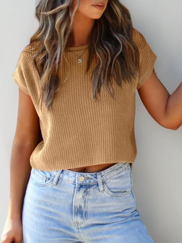 Image of LCXWFE Womens Summer Cropped Sweater Vest Trendy Cap Sleeve Crop Tops Crew Neck Loose Knit Tank Top