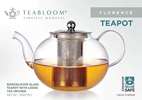 Chaleira de vidro Florence da Teabloom – Grande capacidade – 118 ml. / 1200 ml (4-5 xícaras) – Vidro