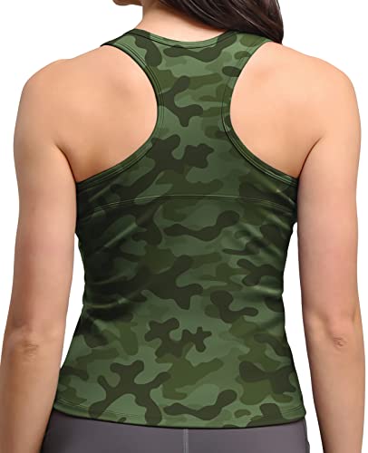 Mrignt Women Padded Workout Tank Tops, Upgrade Racerback Longline Yoga Athletic Fitness Sports Shirts With Built In Bra Camouflage Green #TOP2