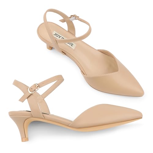 Image of JOY IN LOVE Women's Pointed Toe Kitten Heel Pumps, Ankle Strap Low Heel Work Dress Shoes