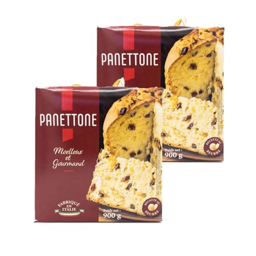 Panettone pur beurre fabriqué en Italie - lot de 2 boîtes de 900g - pâtisserie au levain naturel, aux raisons secs et aux écorces d'oranges confites