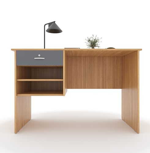 Image of 116x75x56CM Engineered Wood Verto Study & Office Table with Smooth Lockable Drawer and 2 Shelves for Storage | Sturdy DIY Counter, Commercial Table- Urban Teak with Grey