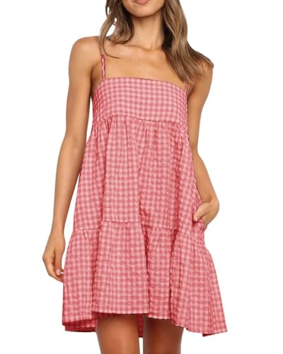 Image of Womens Summer Plaid A-line Sleeveless Casual Flowy Mini Sundress | Spaghetti Strap,Gingham Y2K,Maternity,Vacation,Country Concert,Short Dresses,with Pockets