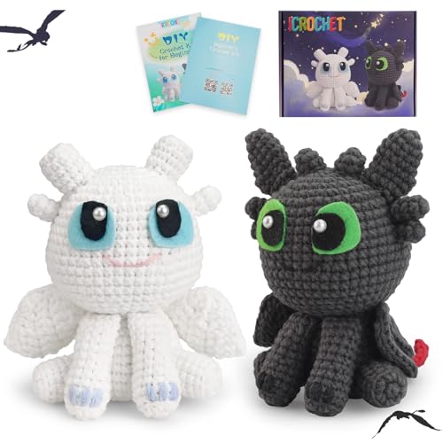 Image of Crochet Kit for Beginners,Beginner Crocheting Animals Kits w Step-by-Step Video Tutorials, Knitting Starter Pack for Adults and Kids,2 Pack Dragon