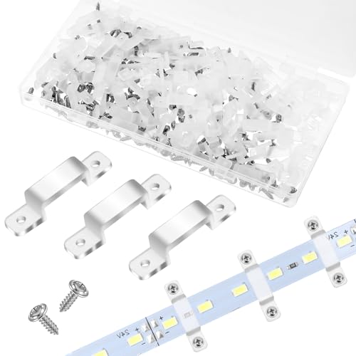 Image of 100 Pack Strip Light Mounting Brackets, Led Strip Light Holder, LED Clear Clips Outdoor Fixed Clips LED Tape Clamp, Waterproof Double Side Fixing, for 12 mm Wide IP67 /68 Strip Lights with 200 Screws