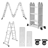 【Alu Mehrzweckleiter】Material: Aluminium, Gesamtlänge: 3,4M, Tragfähigkeit bis 150kg; 4x3 Stufen(12 Spossen), Fach Größe: ; ca. 97 x 36 x 25,5 cm(B x H x T); Entfalten Größe: ca. 36 x 6 x 340 cm (B x H x T)