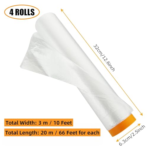 Image of 4 Rolls 10 x 66 Feet Plastic Sheeting, Painters Plastic Drop Cloths for Painting, Pre-Taped Masking Film Tape and Drape for Automotive Painting Covering, Furniture Floor Dustproof Cover