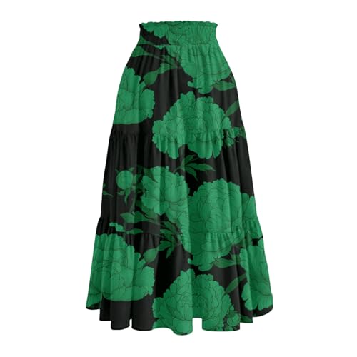 Midi Skirts for Women 2025 Boho Floral Skirts Tiered Ruffle Skirt Flowy High Elastic Waisted A Line Skorts with Pockets4