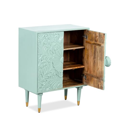 Image of Aerka Wooden Sideboard Cabinet for Living Room | Handcrafted Wooden Cabinet for Storage with Carved Doors | Cabinet for Home | Wooden Storage Furniture for Home | Light Green