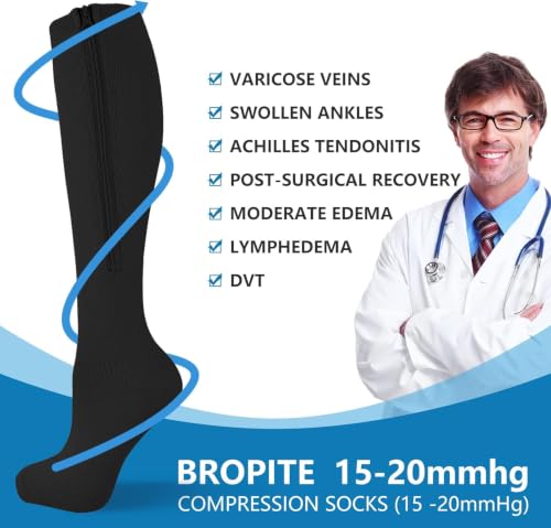Image of bropite Zipper Compression Socks Women & Men|15-20mmHg closed Toe knee high | 2Pairs Calf Knee High 15-20mmHg closed Toe Compression Stocking suit for Walking Recovery, Pregnant, Nurse