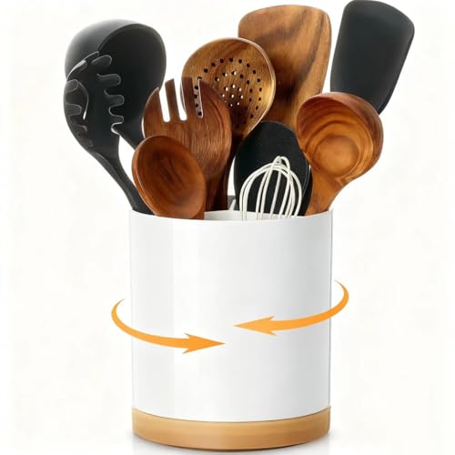 Meolibour Extra Large Porcelain Like Kitchen Cooking Utensil Holder, 360&deg; Rotating Utensil Crock...