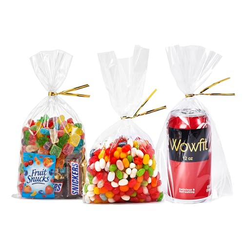 Wowfit 50 CT 10x14 inches Clear Bottom Gusset Cellophane Gift Bags with 6" Gold Twist Ties, Cello Packaging for Party Favors, Bridal Showers, and Wedding Gift Wrapping