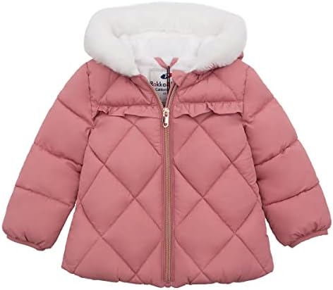 Rokka&Rolla Baby Girls' Water-Resistant Puffer Jacket Hooded Winter Coat with Soft Mini Fur Lining for Newborn Infant Toddler