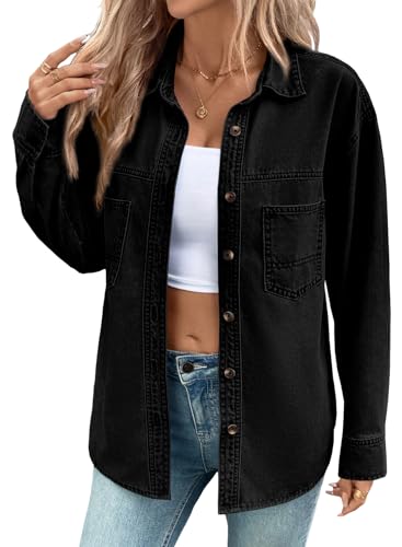 Sidefeel Women Denim Shirts Long Sleeve Button Down Blouse V Neck Dressy Denim Tops Black XX-Large