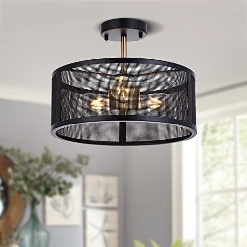 Ludil Semi Flush Mount Ceiling Light Fixture, 3-Light Industrial Ceiling Light Fixture, 14.2'' Farmhouse Black Light Fixture With Metal Cage For Bedroom, Kitchen, Living Room, Hallway #TOP6