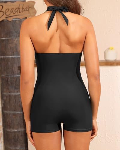 Women One Piece Swimsuits with Shorts - Tummy Control Retro Bathing Suit Halter Boyleg Swimwear2